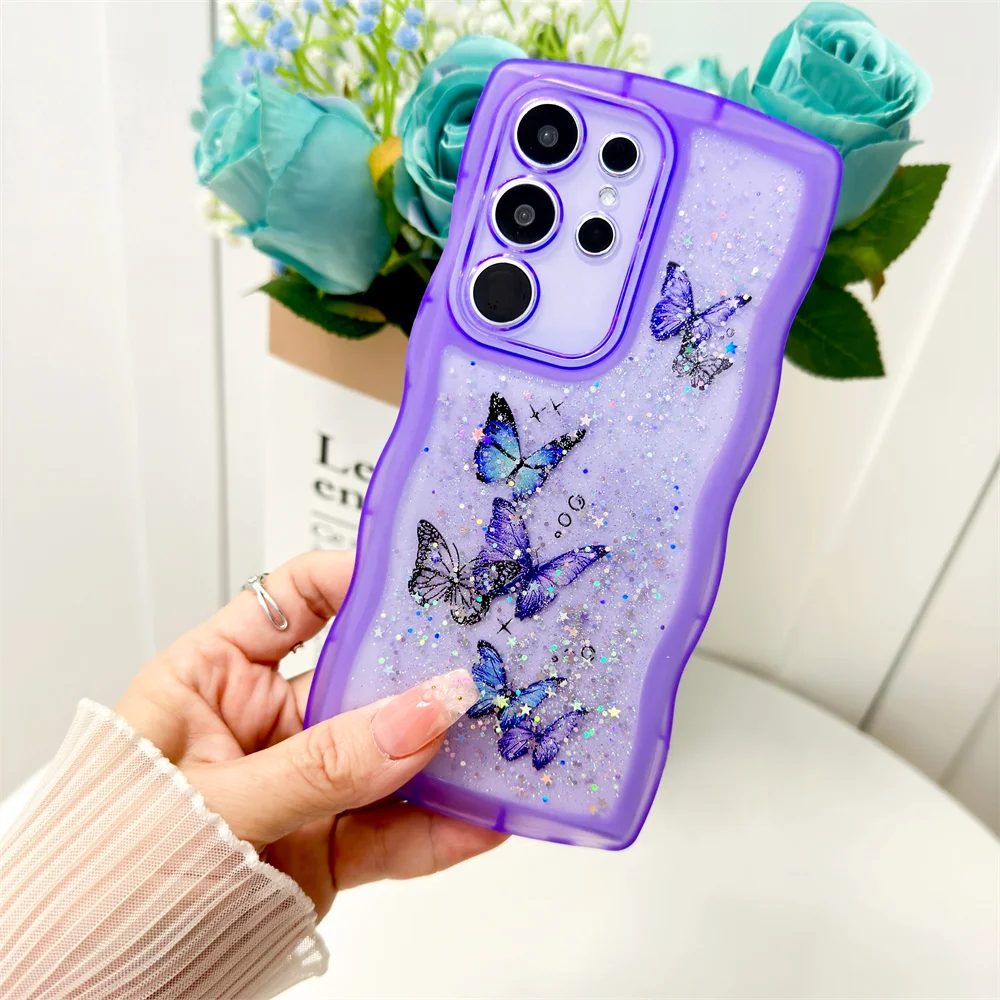 Butterfly Bling Glitter Wave Frame For Samsung S24 S23 S22 Plus Ultra FE A13 A14 A15 A53 A54 A55 A35 Sequins Clear Bumper Cover