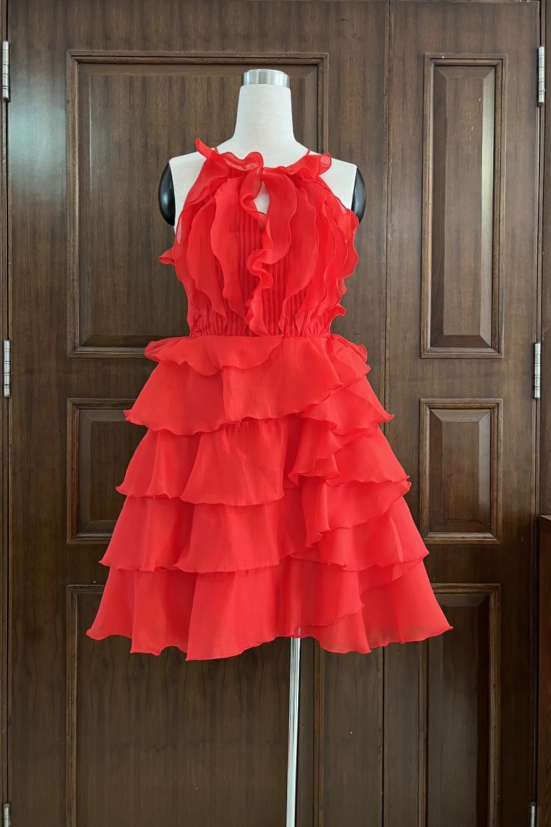 Vestido Mini Sem Mangas de Designer de Alta Qualidade com Bordas em Camadas, Elegante para Casamentos e Festas para Mulheres