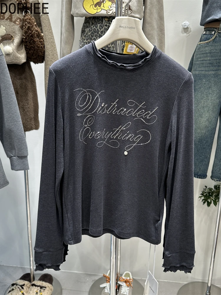 

Female Long Sleeve Basic Tees 2025 New Autumn Winter Letters Hot Diamonds Slim Women T-shirt Elegant Ruffles Neck Pullover Top