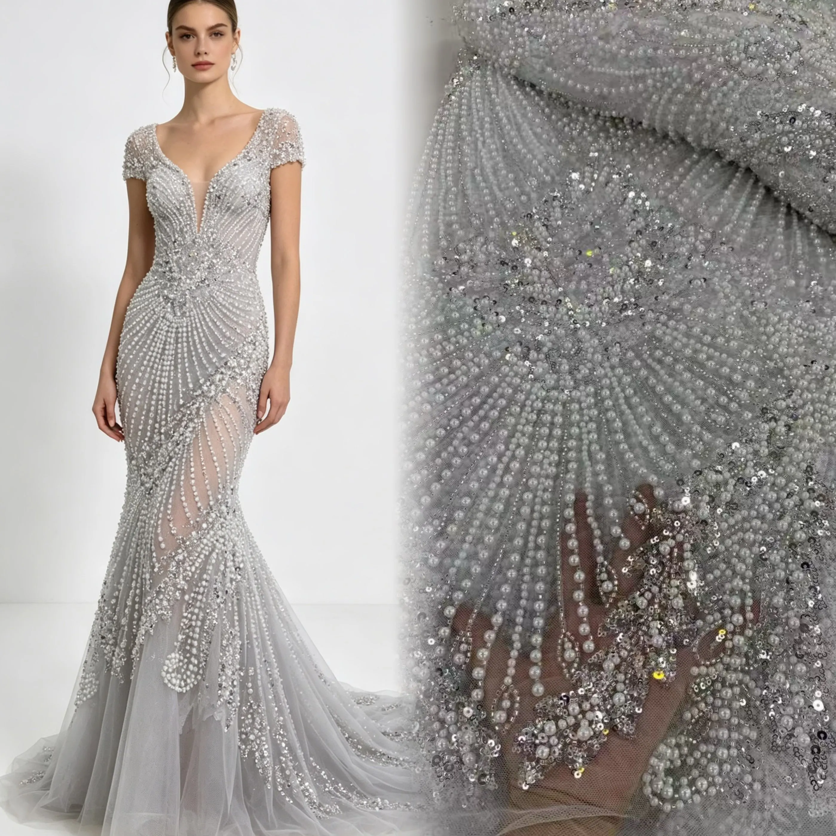 Latest Hot Sale New High-End Luxury French Embroidery Beaded Lace Fabric African Nigerian With Sequins Fabric For Wedding Sewing