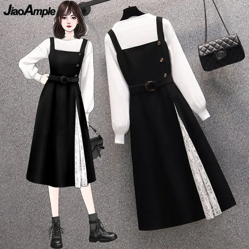 Women's Spring Autumn White Sweater Overall Dress Two Piece Set Lady Casual Simple Joker Knit Tops Lace Split Tank Dress Outfits