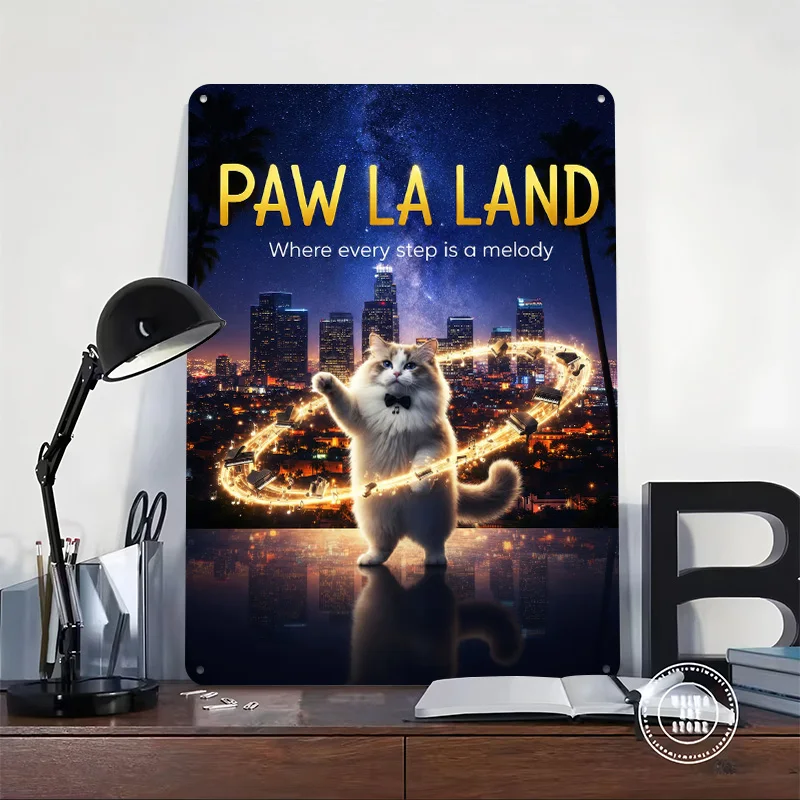 Paw La Land Cat Movie Metal Poster Perfect Gift for Fans Lovers Personalized Wall Art Metal Sign for Decoration Room Funny Signs