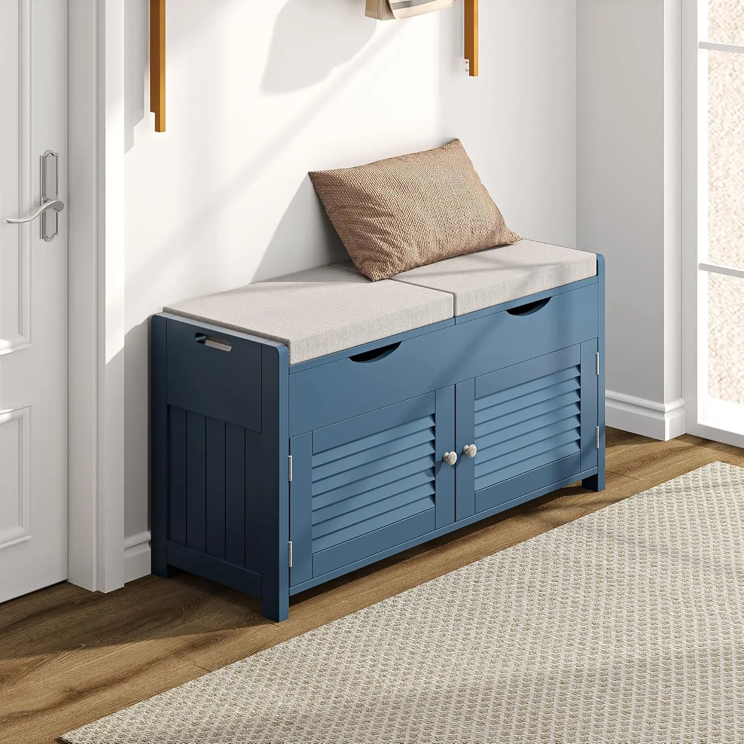 

ChooChoo Shoe Storage Bench with Lift Top Storage, Entryway Bench with 2 Cushioned Seats, 3 Compartments, Adjustable Shelf, Shoe