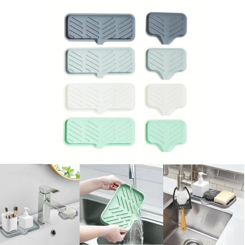 Self Draining Soap Bar Holder Silicone Kitchen Sink Soap Dish Sponge Tray Counter Caddy Organizer for Dish Soap Dispenser