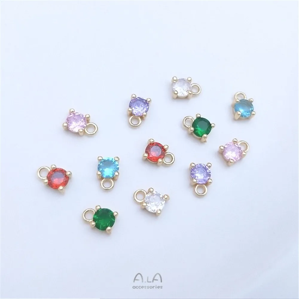 

Color Preservation 14K Gold Four-claw Inlaid Round Colored Zircon Pendant Diy Handmade Bracelet Earrings Accessories Small Charm