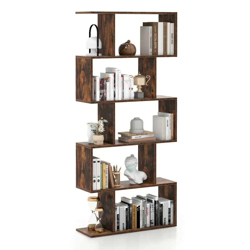 

5Layer GeometrySShaped Bookcase，Rustic Wooden Room Partition Storage Display Stand，62.5Inch High Freestanding Shelf Unit，For Hom