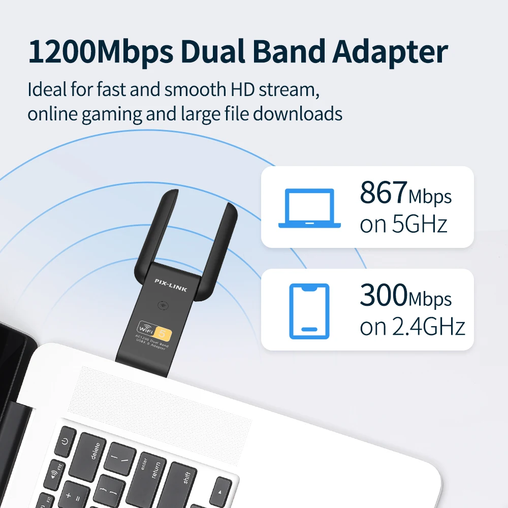 PIXLINK-Mini Dual Band WiFi Adapter, USB 3.0, Placa de Rede Sem Fio, Dongle 5GHz, 2.4GHz com Antenas, UAC15, 1200m