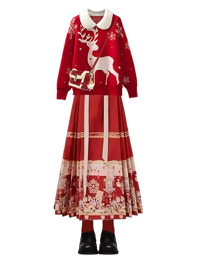 Red Cisas Deer Knitted Sweater Skirt Set Autumn Winter Aosphere New Year's Battle Armor Two-Piece Set Traditional Chine...