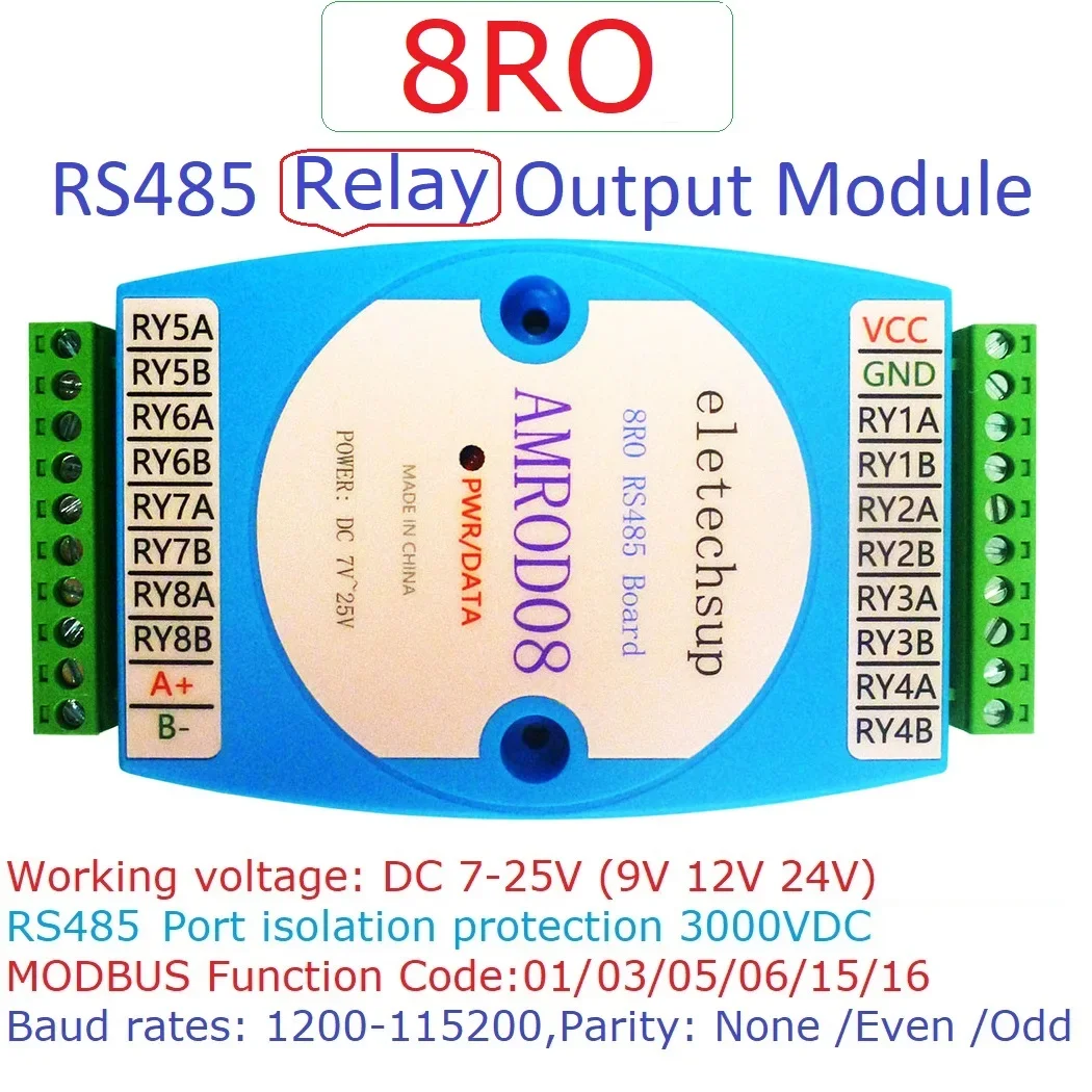 8Ro Relay Module Dc 12V-24V Rs485 Modbus Rtu Isolated Communication Digital Output Plc Board Amrod08