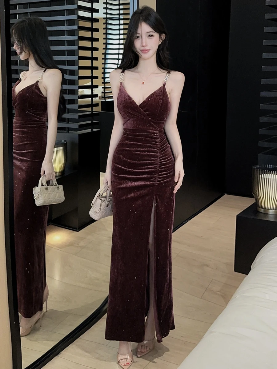  Velvet Gown with V-Neck Open Slit High Waist Slim Fit Flashing Legs Slimming Long Strapless Dress for Women