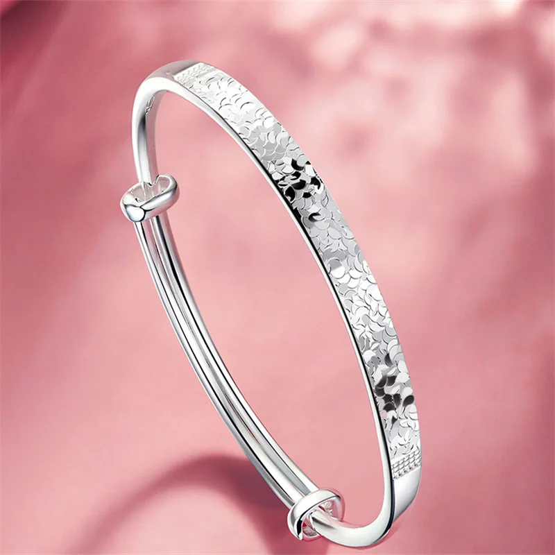 Shiny Fish Scale Pattern S999 Pure Silver Adjustable Push Pull Bangle Ladies Polished Silver Bracelet Daily Wear Fine Jewelry