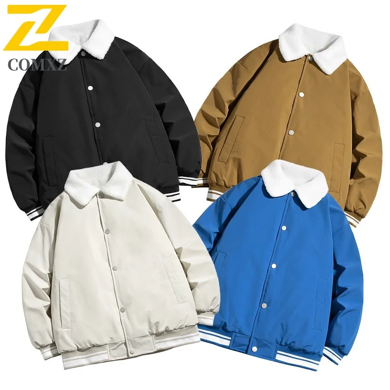 COMXZ 2025 Autumn Winter Sherpa Print Collar Cotton Jacket Unisex Loose Fit Thick Warm Outwear tactics lightweight windbreaker