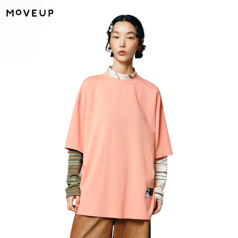 MOVEUP False Two-Piece Senior T-Shirt Autumn Woven Label Striped Sleeves Commuting Retro Casual Knitted Tee For Women 3EWQ10574