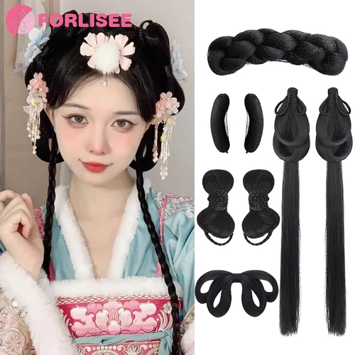 Paquete de pelo sintético Hanfu, peinado con nudo de estilo antiguo, disfraz antiguo integrado, extensión de cabello con nudo de mariposa, Paddin de la dinastía Ming