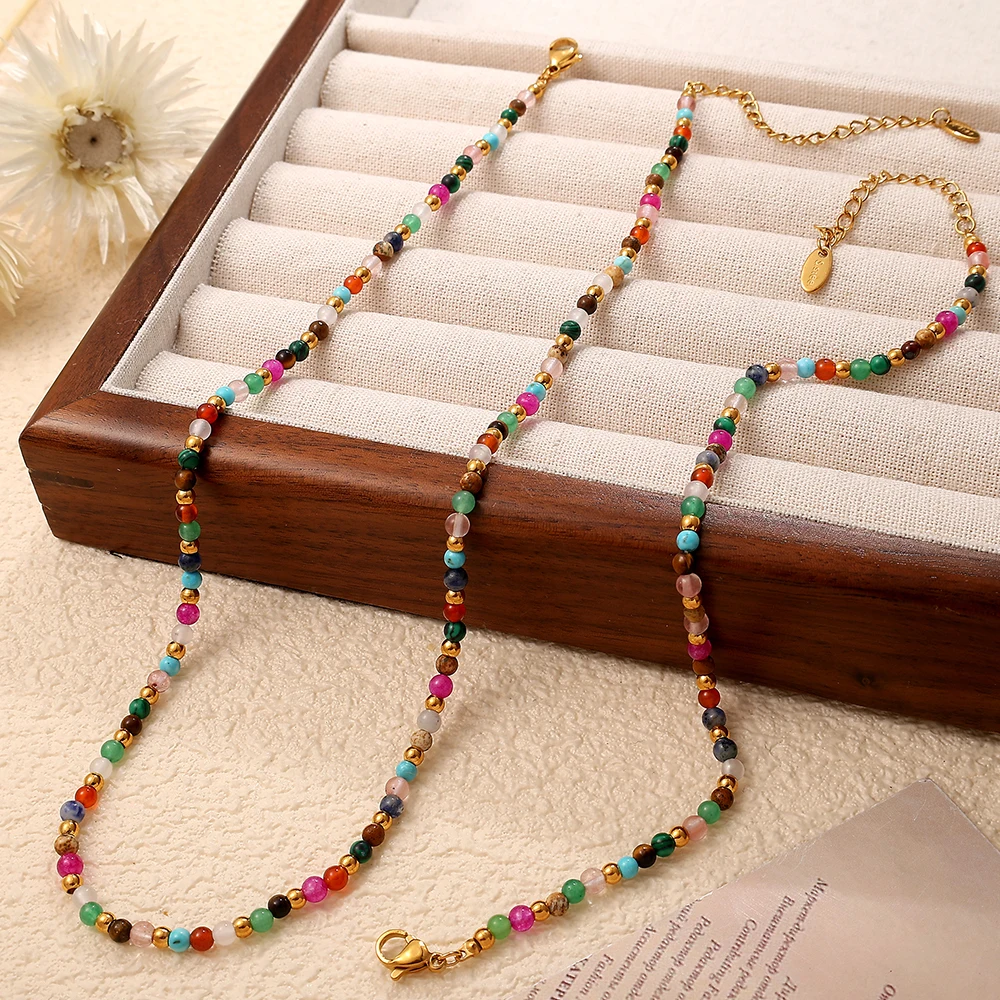 18K Gold Plated Natural Stone Jewelry Set Multicolor Stainless Steel Beaded Clavicle Necklace Bracelet Boho Beach Women Gift