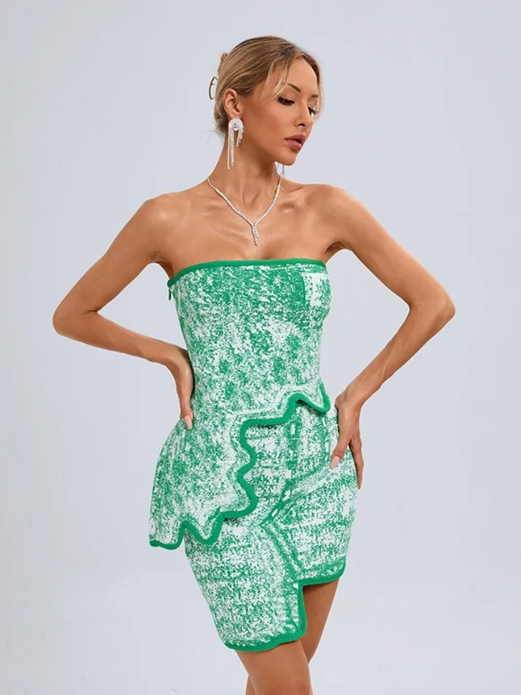 Conjunto de dos piezas para mujer, Top asimétrico sin tirantes y minifaldas, estampado verde, trajes de vendaje sin mangas, elegante, fiesta y Club, Verano