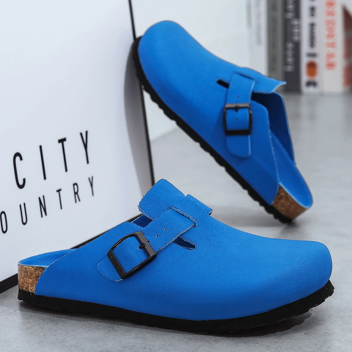 Unisex Leather Clogs Navy Cork Footbed Sandals with Adjustable Buckle Closed Toe Comfort Slides for Men Women Ladies 10 Colors