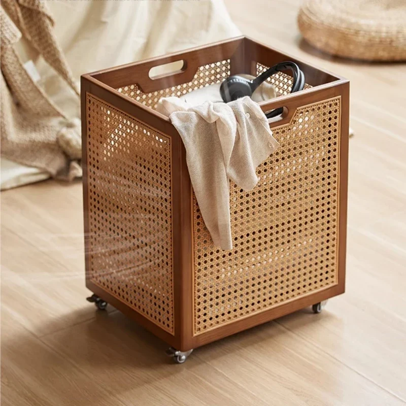 Walnut Color Dirty Clothes Basket Vine Weaving Design Laundry Hamper Toys Storage Bucket Good-looking Laundry Basket with Pulley