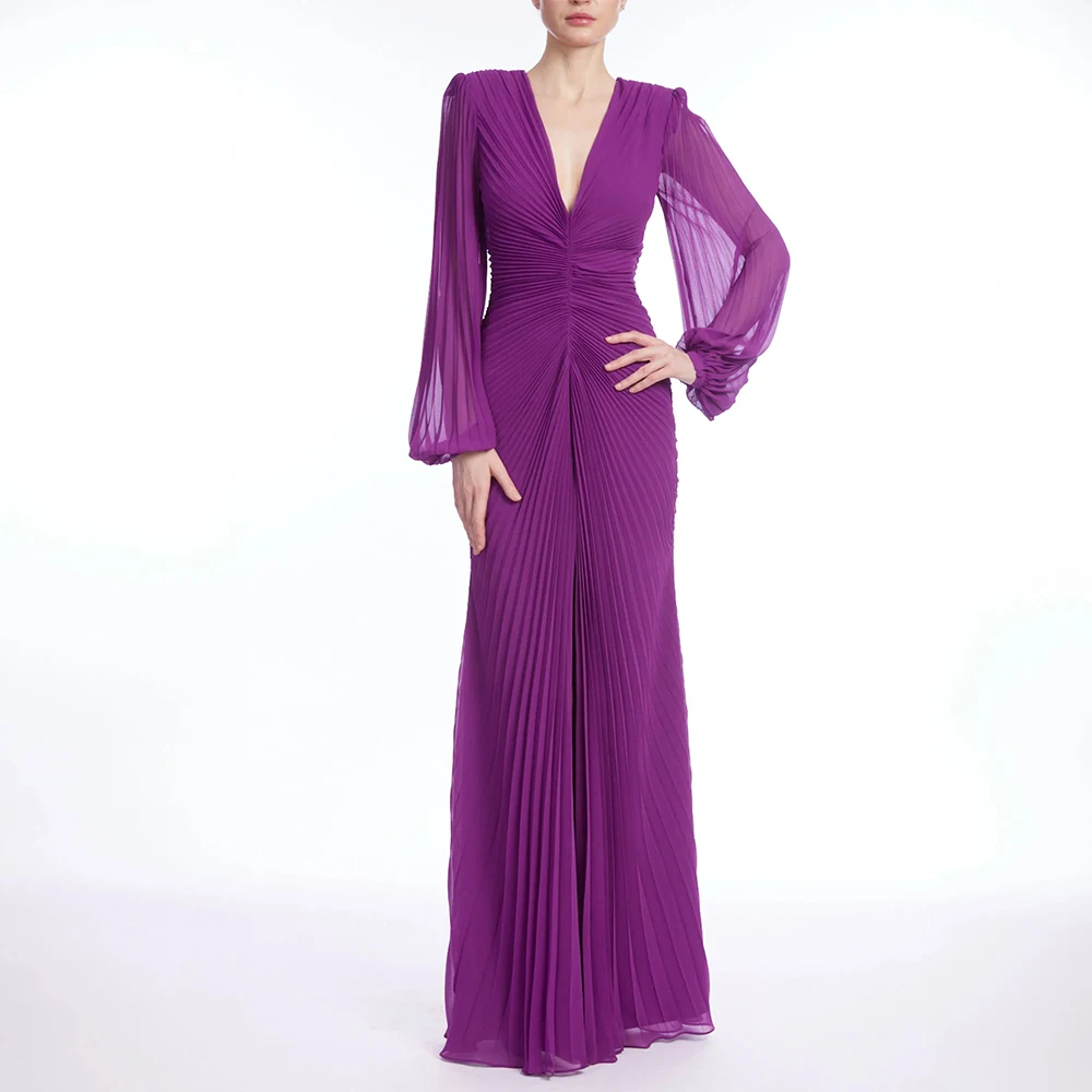 Woman Purple Wedding Guest Party Dresses Customized V Neck Puff Sleeves Pleat Chiffon Mermaid Mother of The Bride Dress