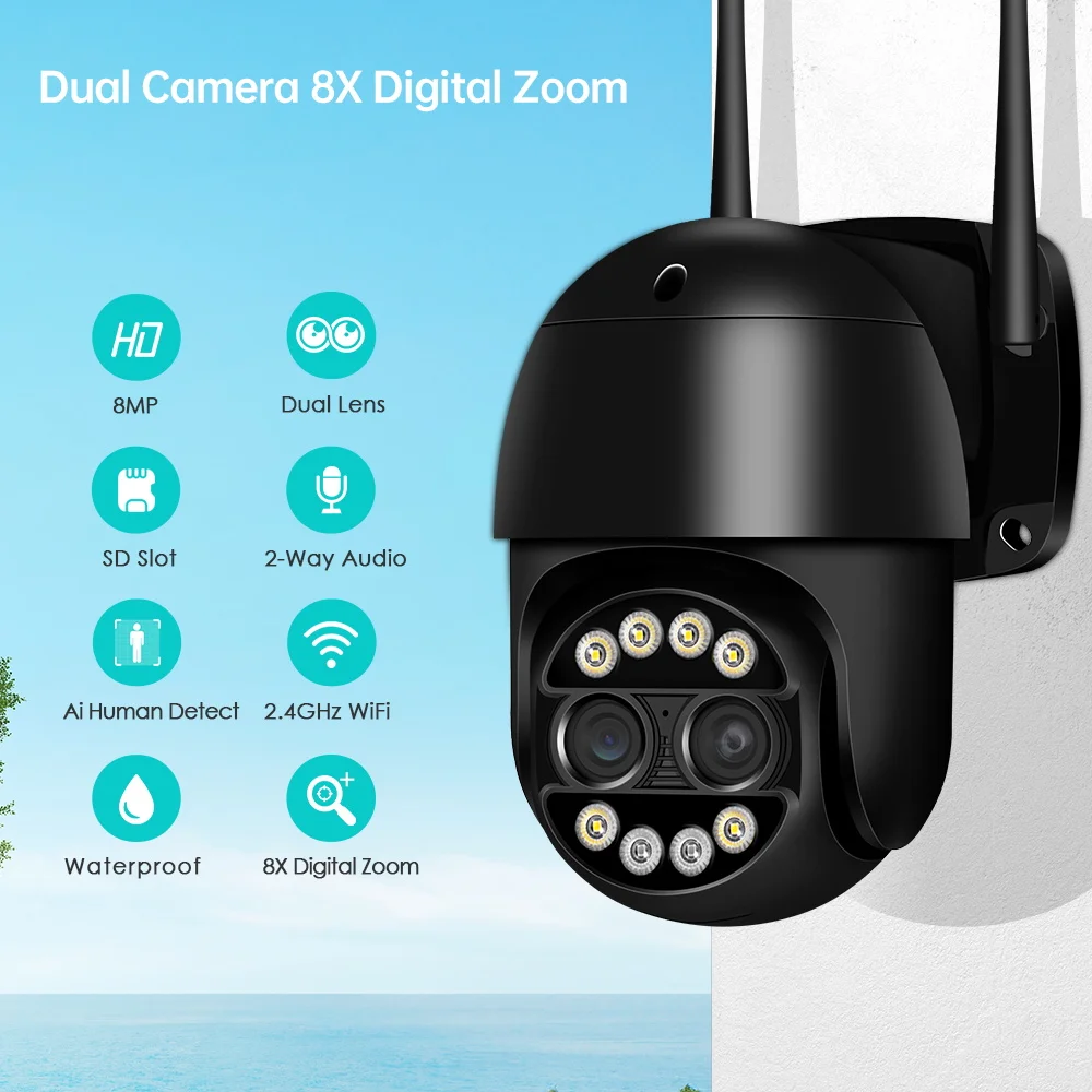 4K 8MP PTZ IP Camera 8x Zoom Dual-Lens Security Camera Ai Human Detection Smart Home Outdoor Wifi Surveillance Camera ICSEE APP