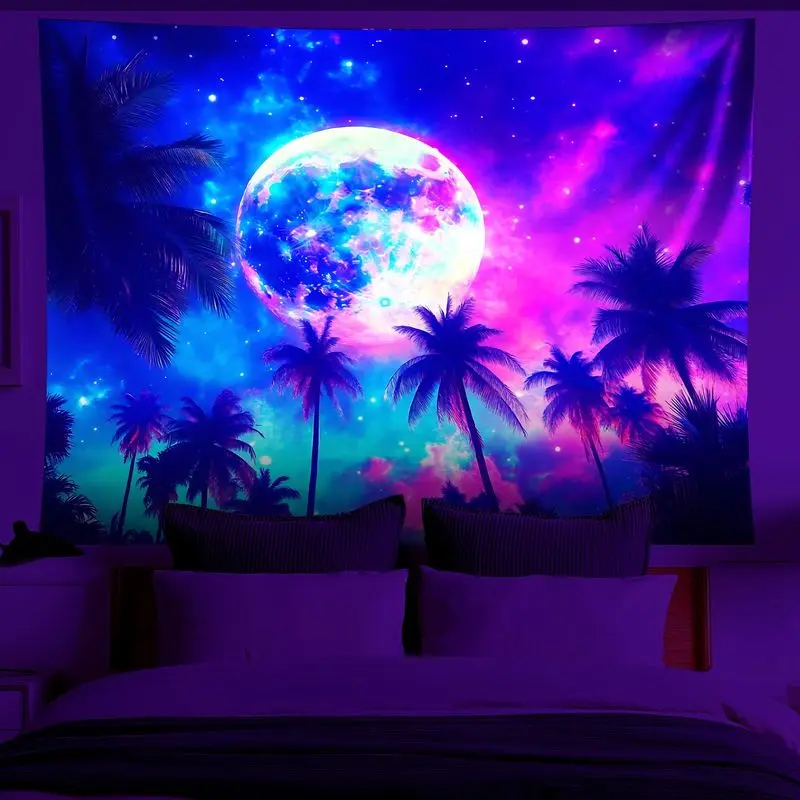 VIKAMA Fluorescent Full Satellite Disk Cosmos Palm Trees Night UV Glow Tapestry Surreal Wall Decor Accent Soft Durable Cozy Gift
