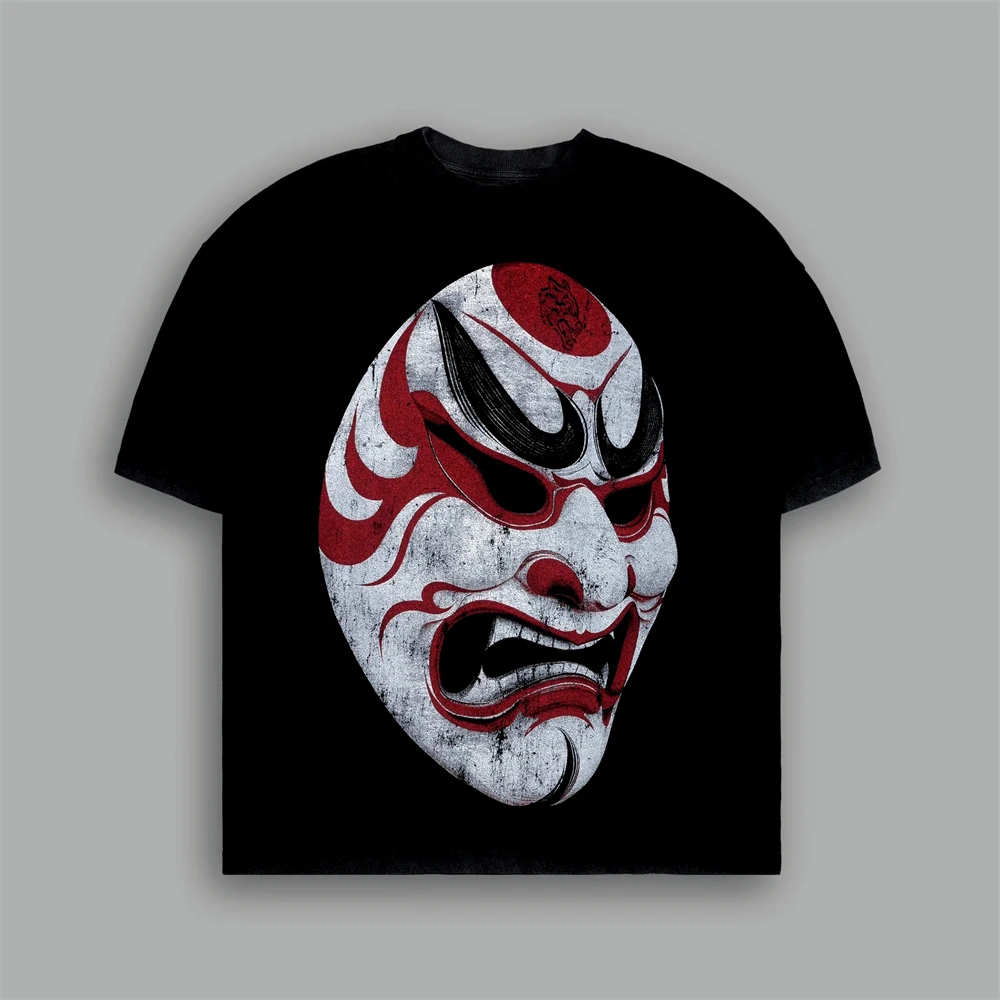 2025 New Japanese Mask Print 100% Cotton 230G Oversized Men Women Clothing Summer T-shirts Hip Hop Tops Tees US SIZE S-XL