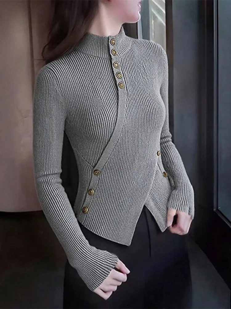 

Женский вязаный свитер с высоким воротником и длинными рукавами, облегающий, повседневный, весенняя новинка