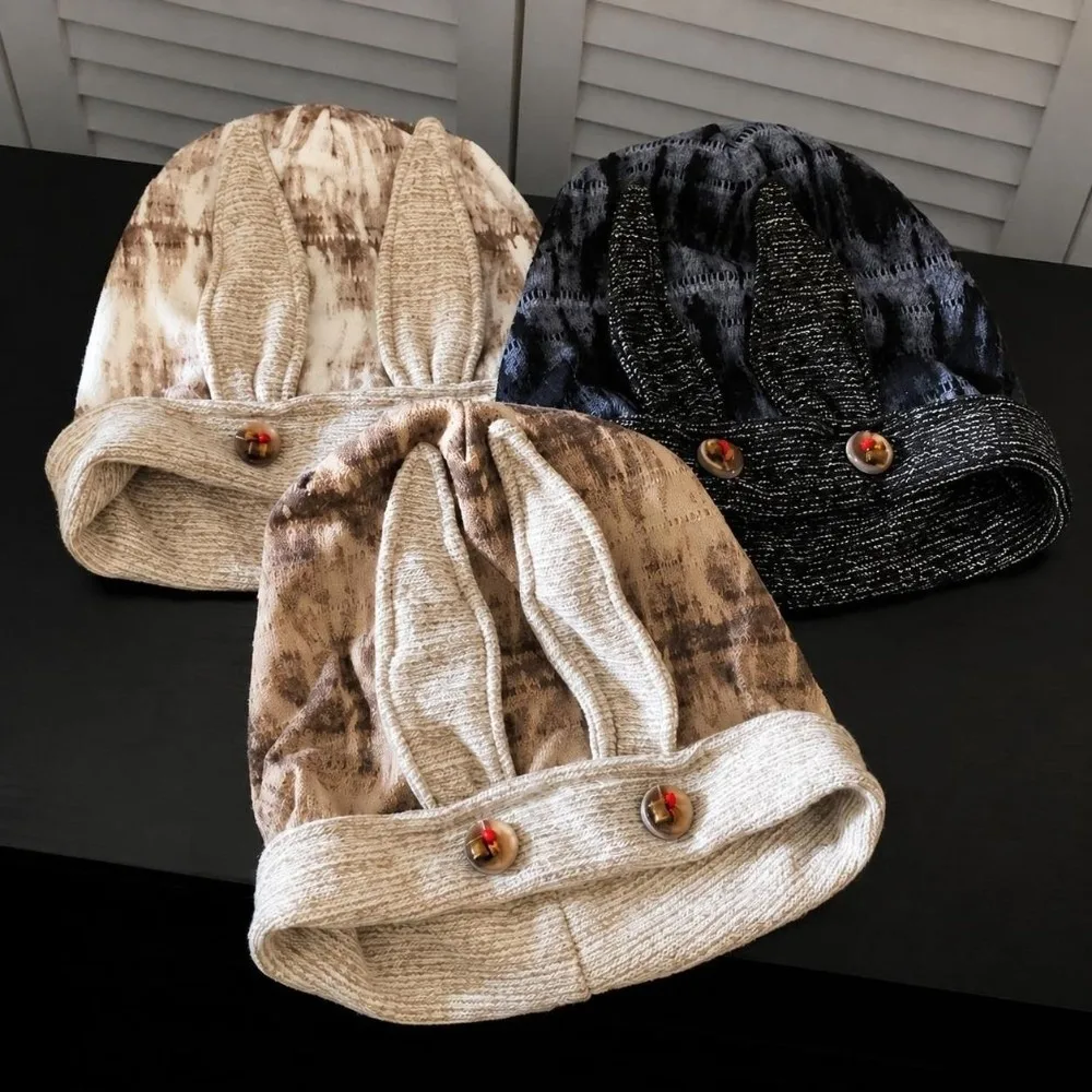 Fashion Soft Women Button Rabbit Ears Beanies Thickened Breathable Ear Warmer Cap Elasticity Coldproof Stack Hat Winter Outdoor