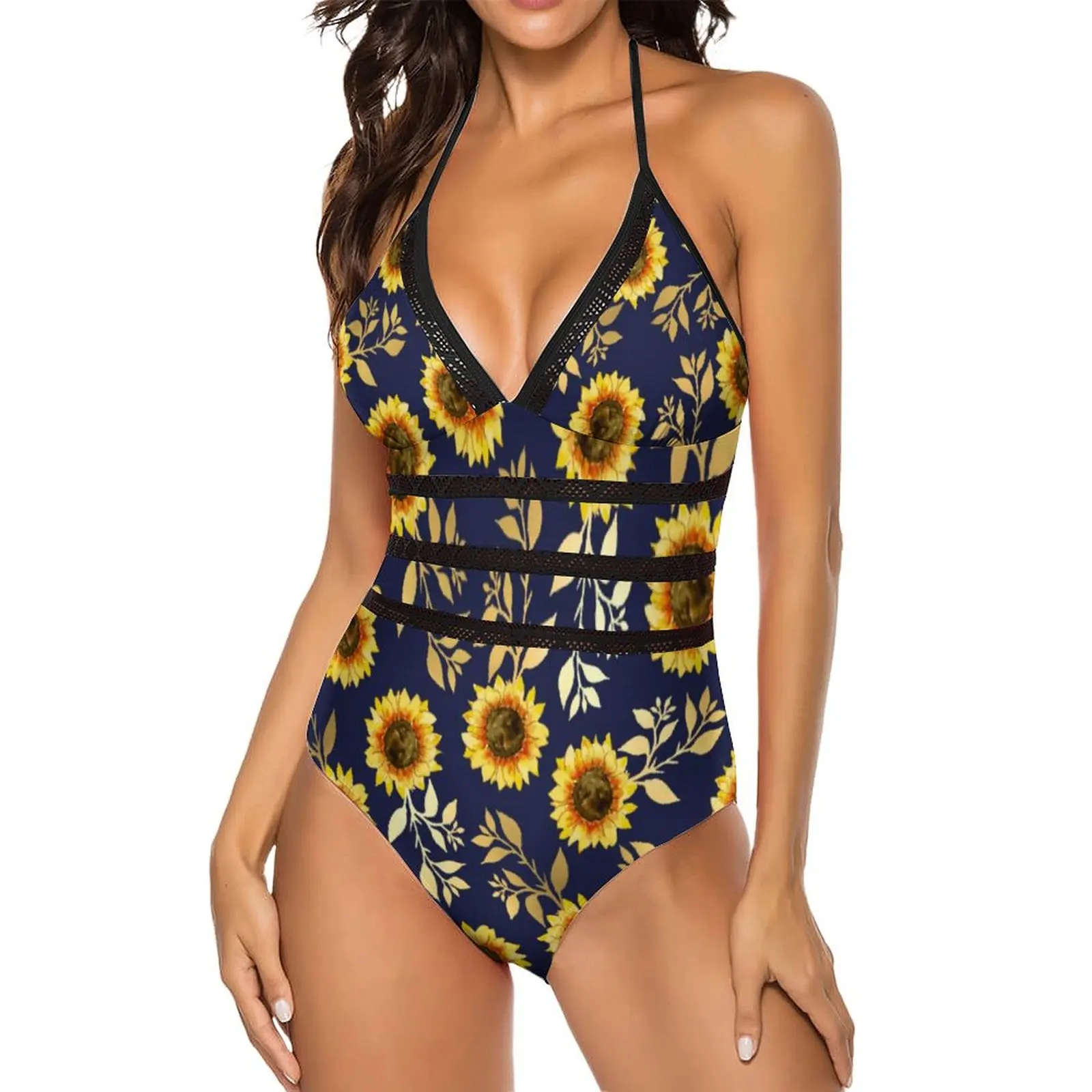 Elegant Floral Print Swimsuit Sexy Sunflowers Leaf High Cut Swimwear One-Piece Aesthetic Bodysuit Surfing Push Up Beachwear