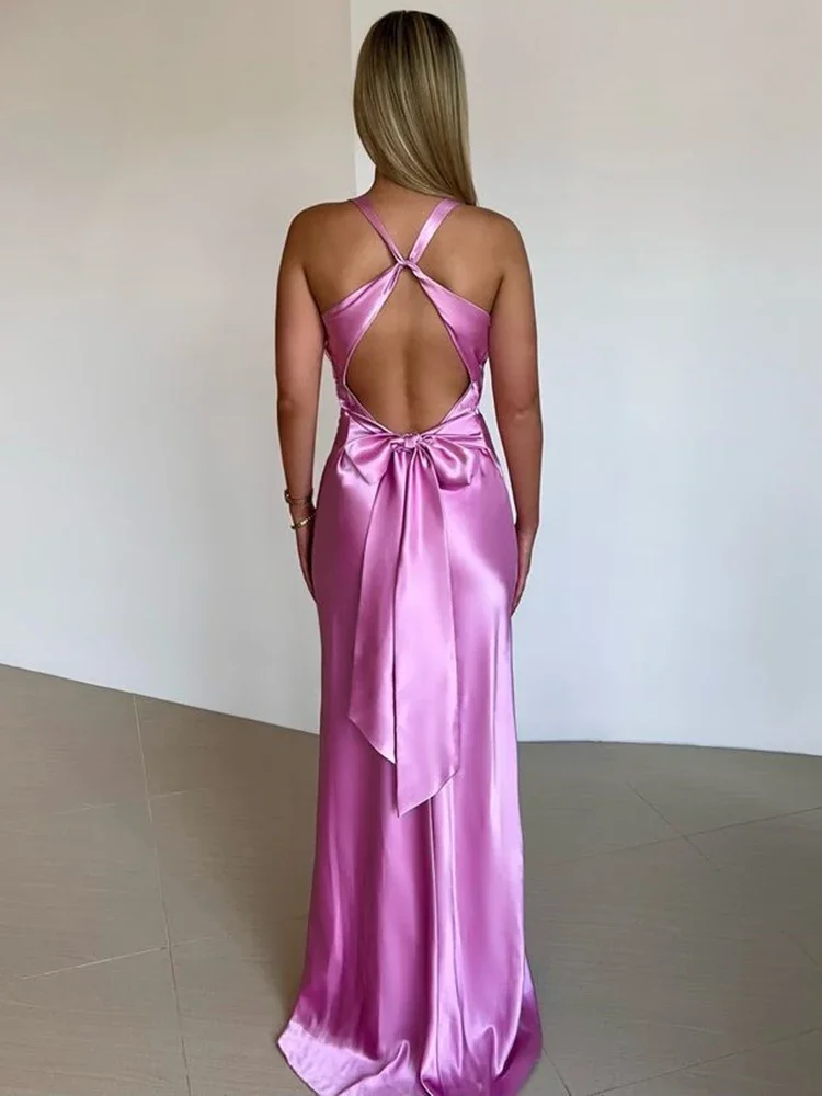Mozision Satijnen Strik Backless Sexy Maxi Jurk Voor Vrouwen Jurk Mode V-hals Mouwloos Club Feestavond Jurk Elegant