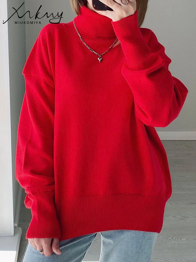 Red Turtleneck Sweater Women Winter 2024 Oversized Warm Pullovers Autumn Loose Knitted Tops Women\'s Sweater Oversize Jumpers