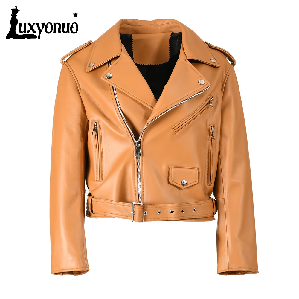 Luxyonuo-Veste de motard en cuir véritable pour femme, manteau en peau de mouton avec ceinture, fermeture éclair moto, printemps, nouveau, 2023