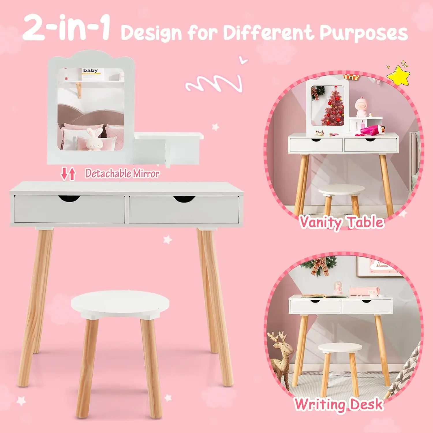 Kids Vanity Set, Girls Vanity Set with Mirror and Stool, 2 Large Drawers, Storage Shelf, Wooden Princess Makeup Dressing Table