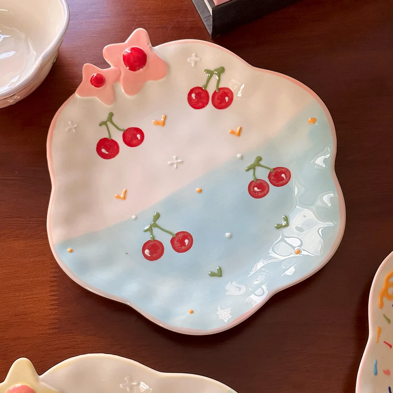 Creative Ceramic Plate Korean Style Ins Sweet Floral Shape Porcelain Household Dinnerware Breakfast Fruit Yogurt Oats Bowls