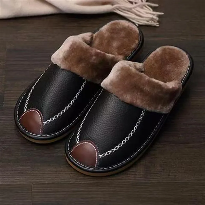 

Men's leather-surfaced cotton slippers indoor home use soft bottom water-resistant and warm comfortable cotton shoes relaxation
