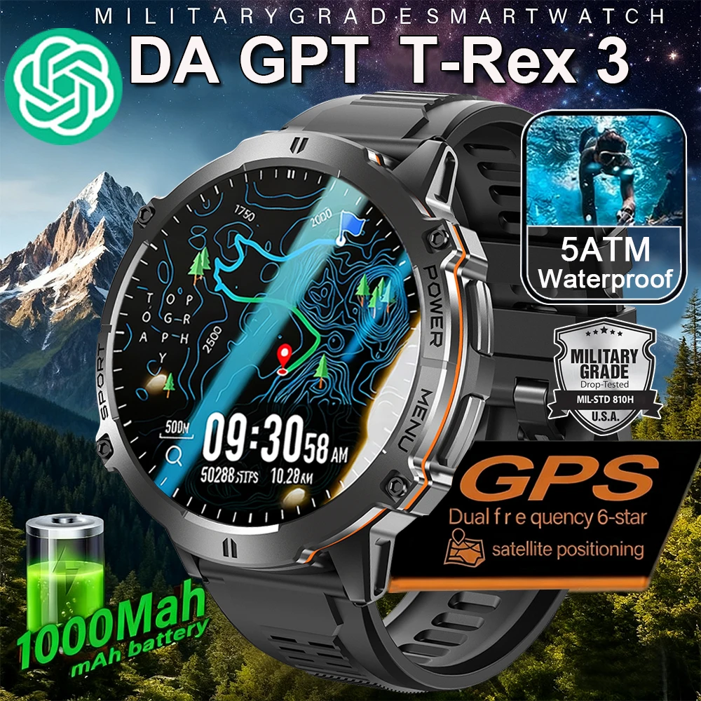 2025 جديد العسكرية TREX3 1000mAh بطارية ساعة ذكية 1.73 بوصة شاشة 10ATM مقاوم للماء لتحديد المواقع مقياس الارتفاع بلوتوث دعوة الرجال Smartwatc #1