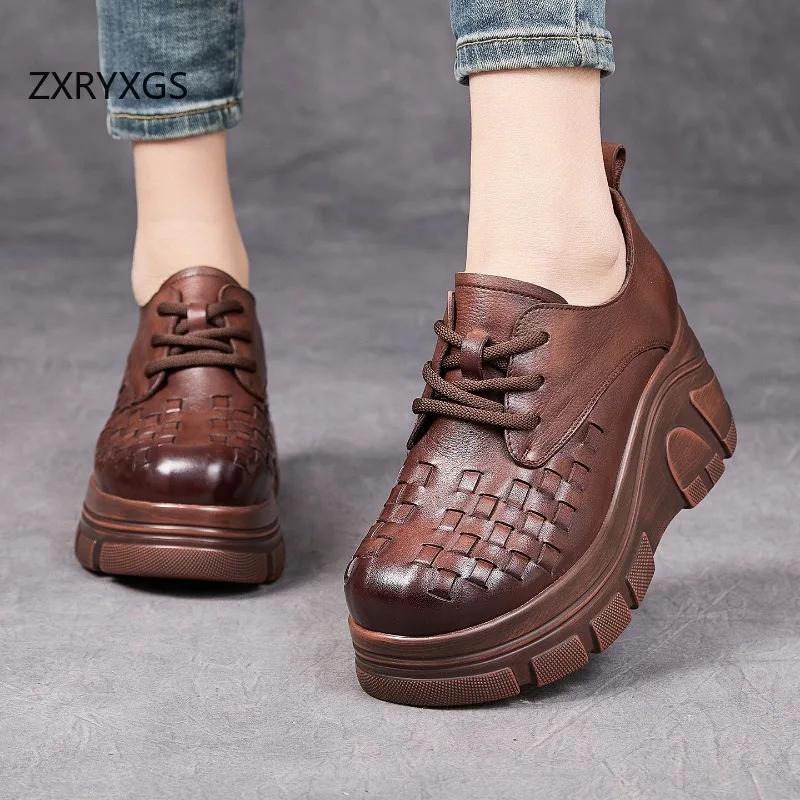 Zapatos de Tacón Alto Elegantes para Mujer, Modelo ZXRYXGS 2026, de Cuero Auténtico con Punta Redonda, Tejido de Primera Capa de Piel de Vaca, Plataforma Gruesa