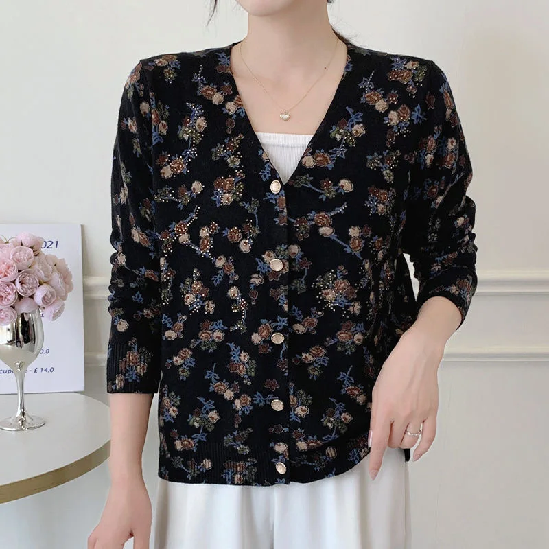 

Floral Print Harajuku Female Cardigan Autumn Knitted Women Sweaters Korean Fashion Long Sleeve Tops V Neck Cardigans