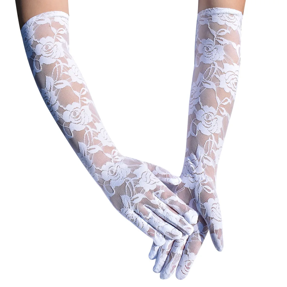 Fashion Retro Black Lace Floral Long Gloves Women Sexy Thin Transparent Elasticity Mesh Punk Wedding Stage Performance Cosplay