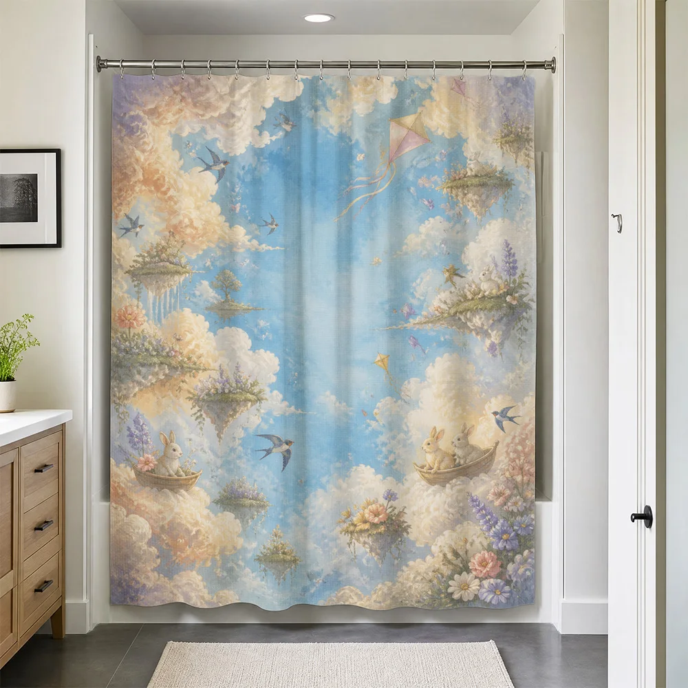 Premium Waterproof Shower Curtain Whimsical Fantasy Cloudscape Watercolor Rabbit Animals Print Cute Bathroom Decor