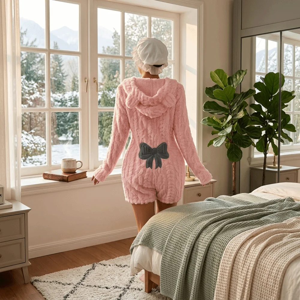 Gemütlicher Kapuzen-Overall, Schlafanzug, langärmelig, mit Schleife, Plüsch-Overall, Pyjama, Bärenohren, warmer, einteiliger Pyjama, Nachtwäsche – Detail 6