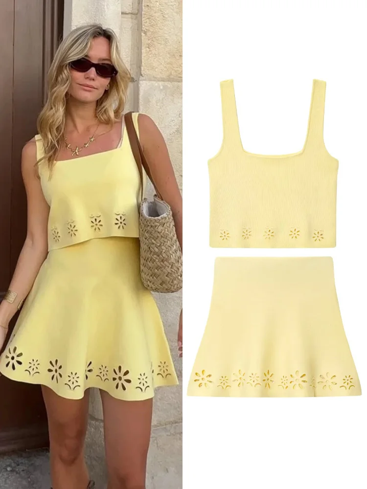 HH المرأة الصيف الأصفر شيك محبوك واسعة حزام الكتف البنطال القصير + موضة مرونة الخصر الجوف المطرزة تنورة 2 قطعة مجموعة