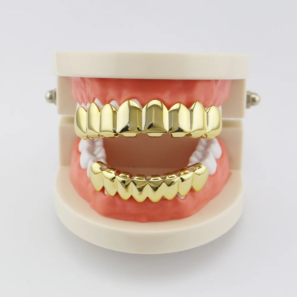 18k Electroplated Smooth Upper and Lower 8 Hip-Hop Braces Grills Unisex Halloween Dentures