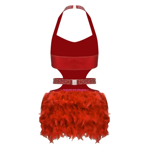 Imagen 2 del producto Body de baile latino Rumba Samba para mujer, mono de leotardo sin mangas con detalles de plumas de imitación y espalda descubierta para baile de Tango español