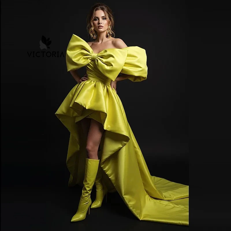 

Elegant High Low Prom Dresses Off The Shoulder Big Bow Satin Wedding Party Dress Customized Dance Gowns