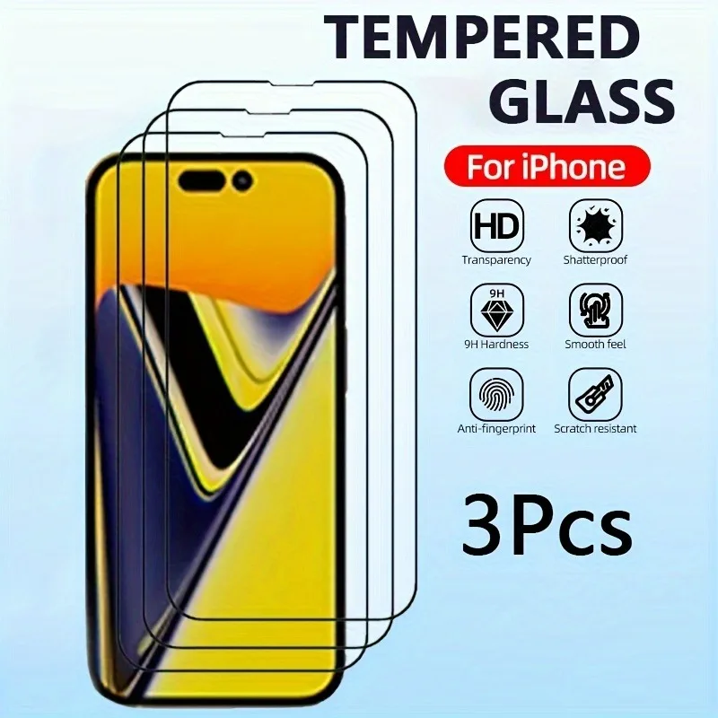 3 قطعة غطاء كامل الزجاج المقسى آيفون 16 15 13 12 11 برو ماكس حامي الشاشة آيفون 14 15 زائد ماكس XR XS ماكس 7 8 الزجاج