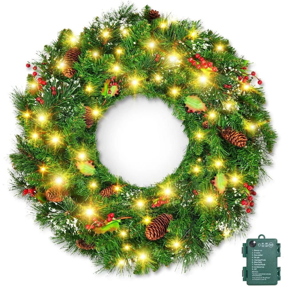 

24 Inch Battery Operated Pre-Lit Artificial Christmas Wreath with 50 LED Lights for Front Door Wall Window Decor