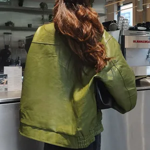 Moda, yeşil, büyük boy fermuarlı deri ceket kadın şık yatak açma yaka uzun kollu rahat ceket bayan, şık, gevşek streetwear İlk 10 satış, avokado, kazak-no. 6