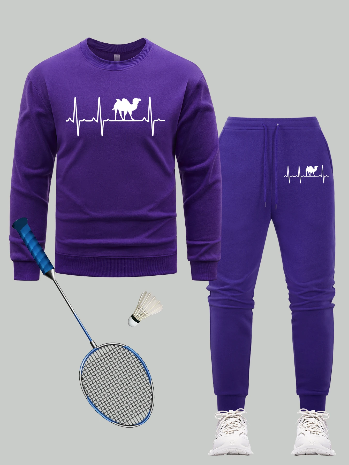 

Camel Electrocardiogram Pattern Sweatshirt Set Men Soft Sweatpants Casual Crewneck Pullover Autumn Fleece Man Sportswear