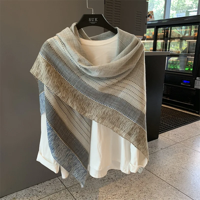 Women'S Color-Block Plaid Fringed Square Shawl Uv-Proof Scarf Vintage Striped Patchwork Cardigan Summer Sun Protection Jacket